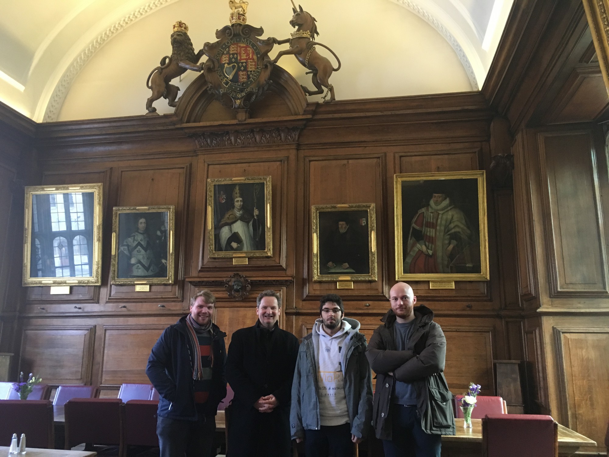 Members of the SMaRT project at the Brasenose College. From left to right: Ciaran Nash (ESR3, University of Oxford), Giles Wiggs (University of Oxford), Marko Horvat (ESR1, Politecnico di Torino) and Roberto Nuca (ESR2, Optiflow Company)